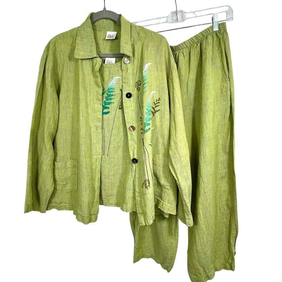 Vintage Linen 3-Piece Lagenlook Set Sage Green Herb Screen Print Pull-On Med/Lg - Picture 1 of 16